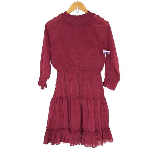 Ava & Yelly Dress Swiss Dot Chiffon Long Sleeve Mock Neck Blouson Mini Red 14 - Picture 1 of 5